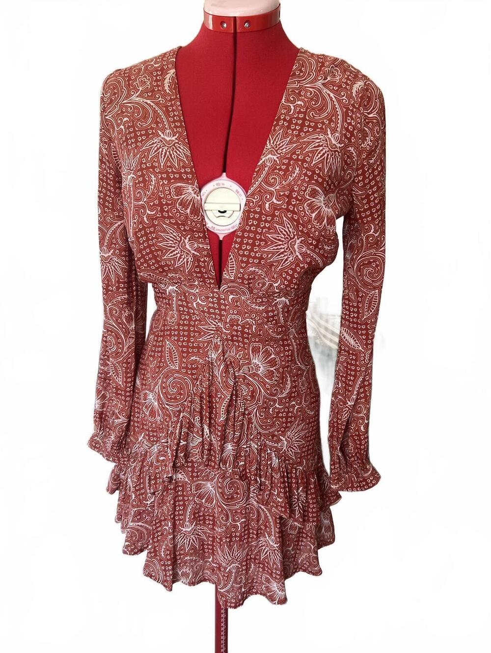 Rust Deep V Boho Ruffle Feminine Sexy Cute Long Sleeve Wrap Mini Dress Tie Back
